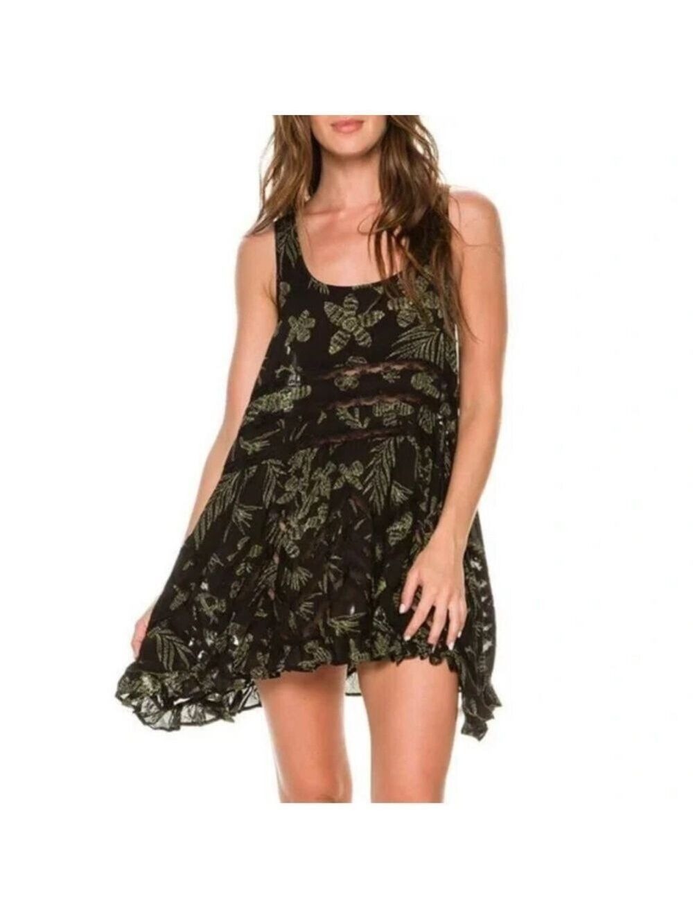 Free People Green leaves viole Asymmetrical lightweight Tiered Sundress xs